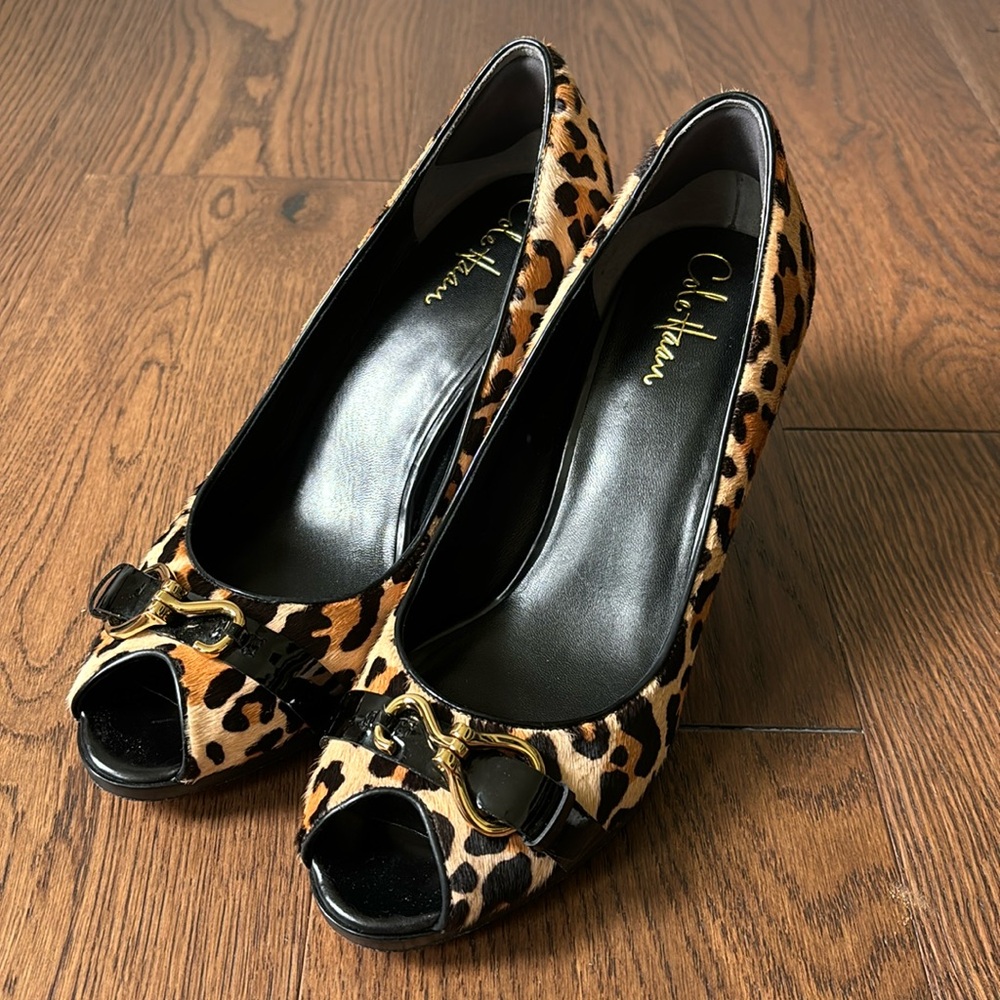 Cole Haan calf hair leopard print peep toe heels
